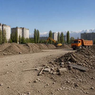 Строительная площадка: кучи грунта, строительный мусор, техника