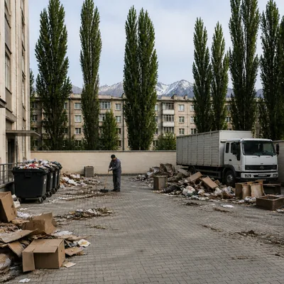 Двор бизнес-центра захламлён, кучи смёта и тары
