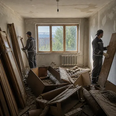 До: гора крупногабаритного мусора в комнате после демонтажа