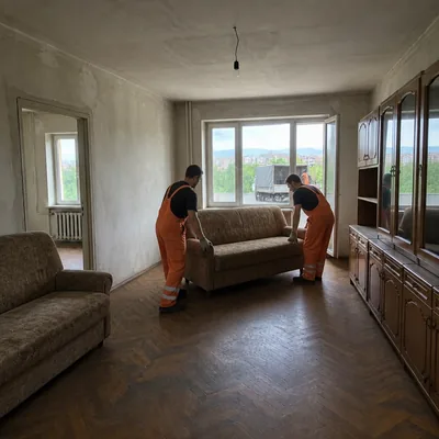 An old wall unit and a sofa in an apartment on Tole bi before removal