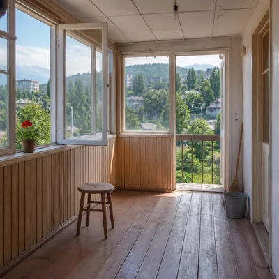 An empty veranda after old furniture removal in Aksai Gorge