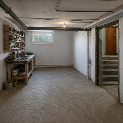 Old workbench and shelves in the basement before removal