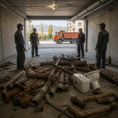 Захламлённый подвал с трубами и старой сантехникой