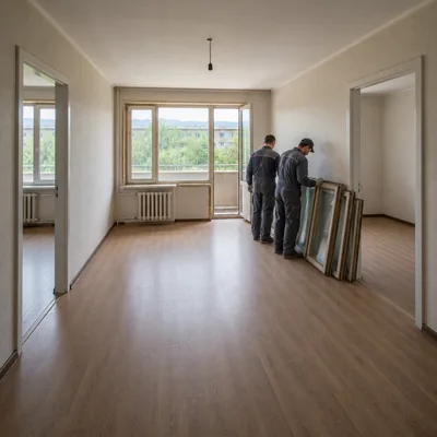 Old window frames and double-glazed units stacked against the wall in an apartment before removal