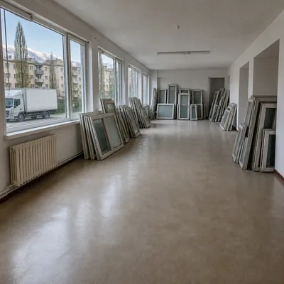 Old plastic windows and double-glazed units in an office corridor before removal