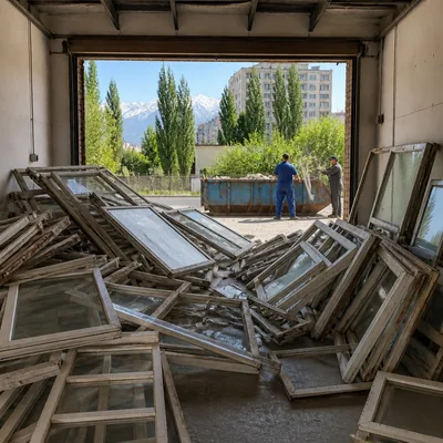 Old windows and frames stored in a garage before removal
