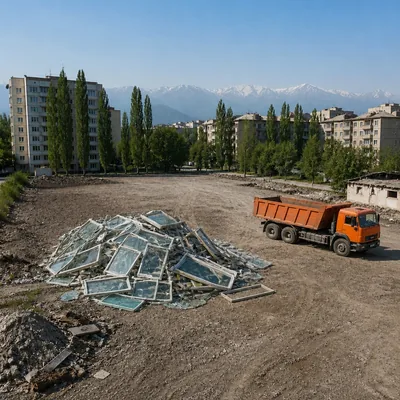 Double-glazed units and window frames loose on a construction site before removal