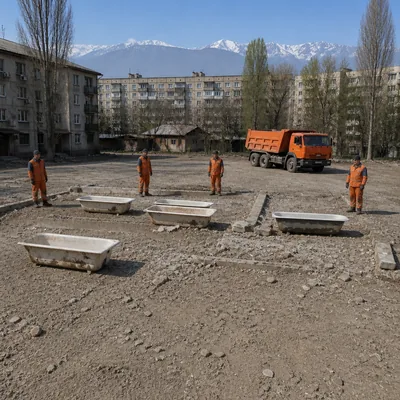 Пять чугунных ванн, снятых при демонтаже, на стройплощадке на Саина