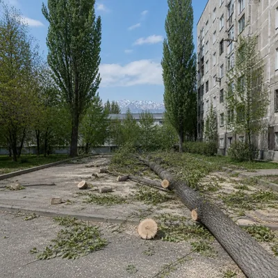 Поваленный тополь и ветки дерева во дворе после бурелома