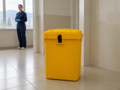 Закрытый жёлтый контейнер для опасных медицинских отходов