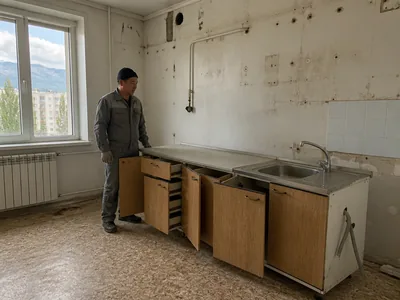An old kitchen unit with countertop before dismantling