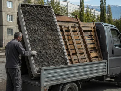 An old mattress and bed frame carried out to the truck