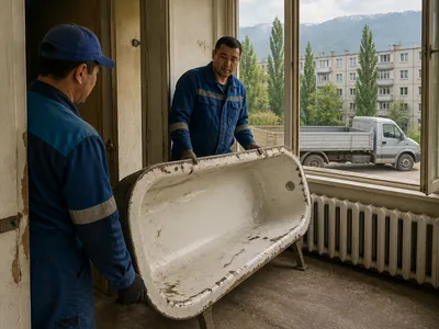 Чугунная ванна, подготовленная к вывозу из квартиры
